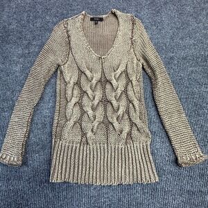 Jessica Simpson Womens Cable Knit V-Neck Sweater Tan Brown Ramie Cotton Size M